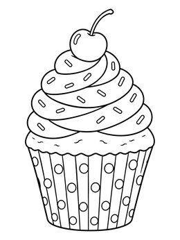 A sweet cupcake coloring page featuring swirled frosting, sprinkles, a cherry on top, and a polka dot wrapper.