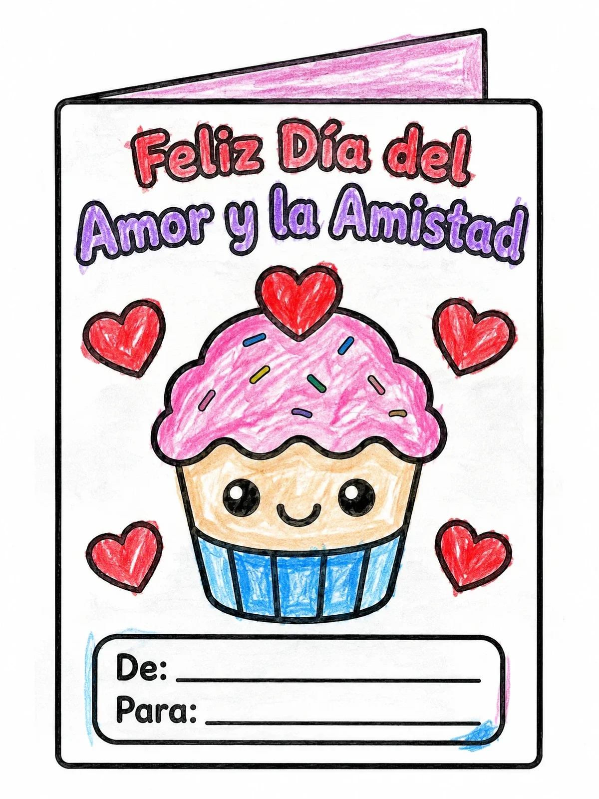 Colored example of the Sweet Cupcake Spanish Valentine Card coloring page