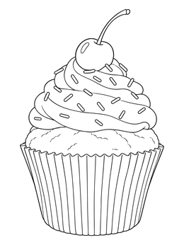 A sweet cupcake coloring page topped with sprinkles, swirled frosting, and a cherry.