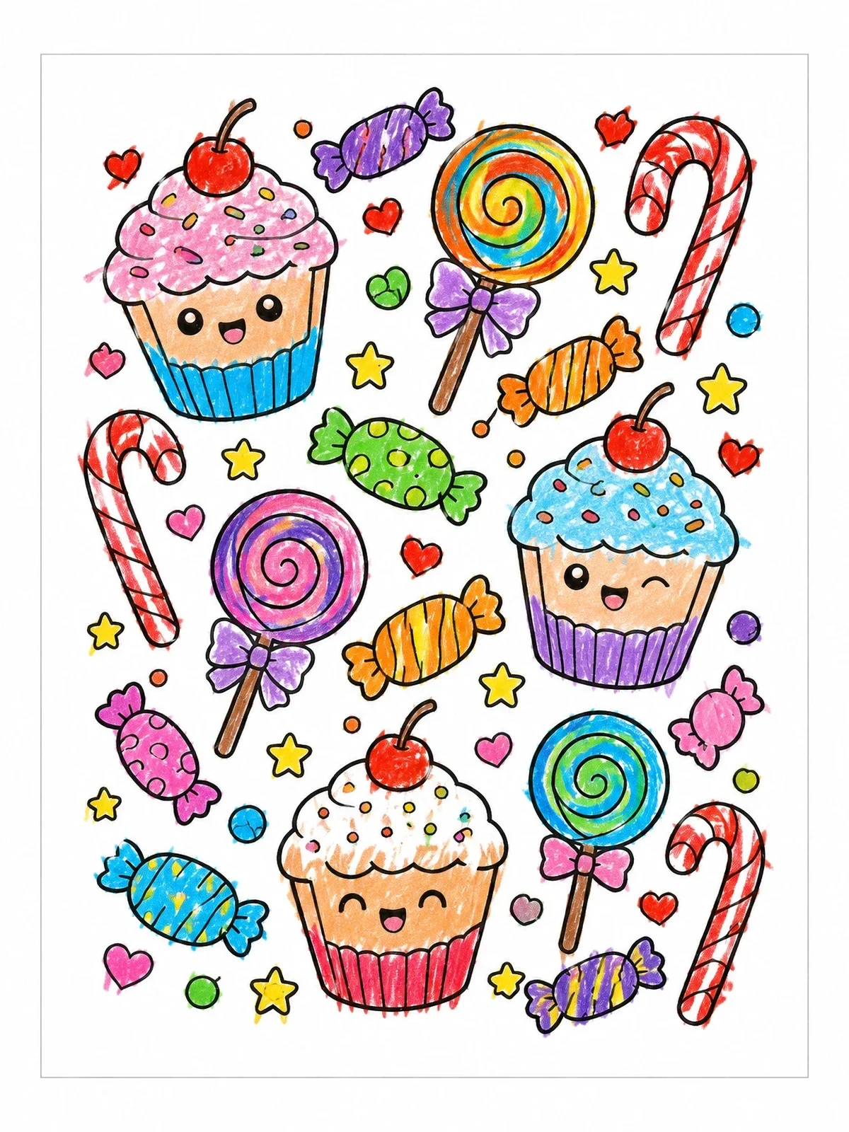 Colored example of the Sweet Cupcakes And Candy Pattern coloring page