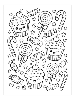 Free printable Sweet Cupcakes And Candy Pattern coloring page