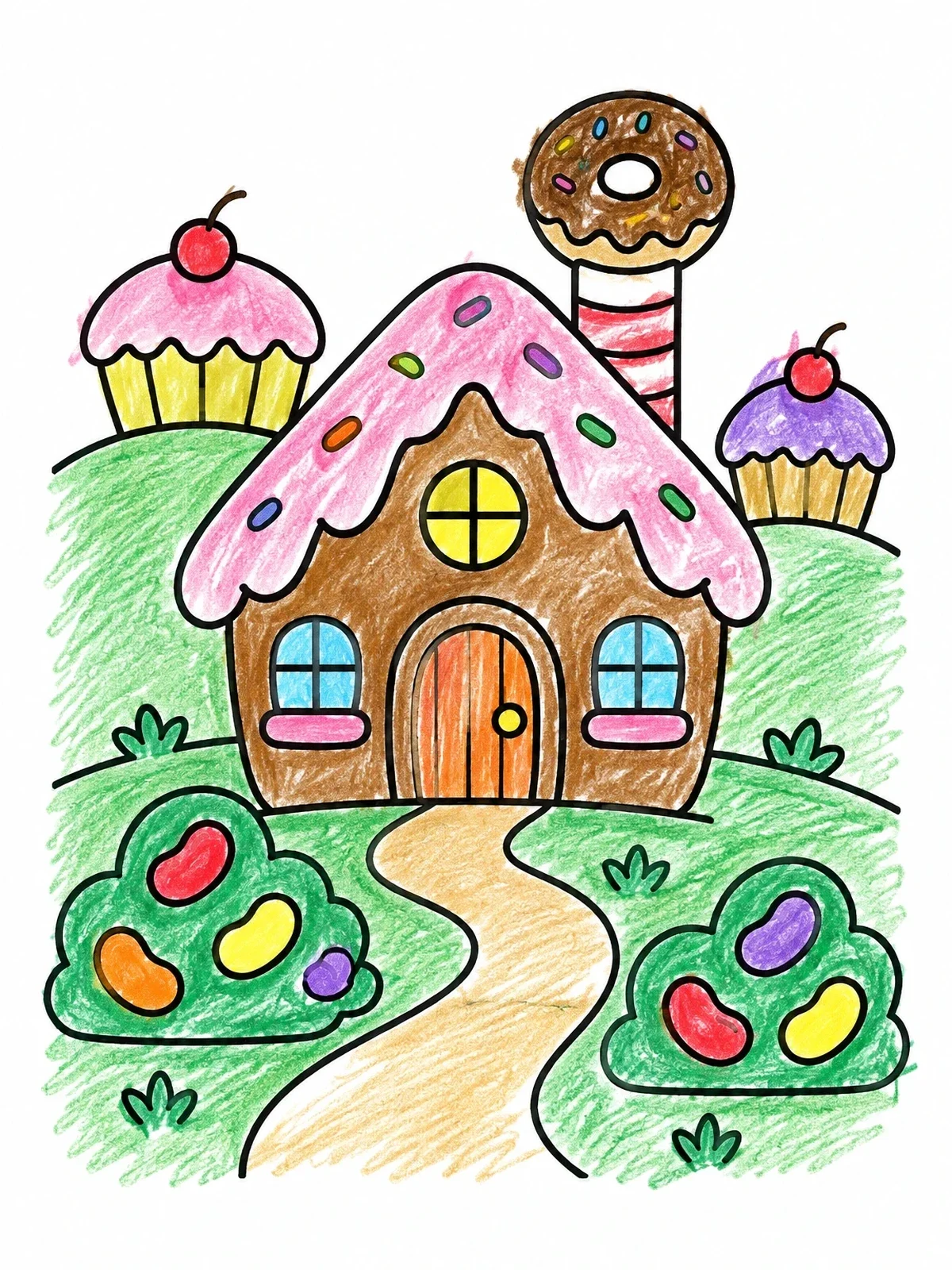 Colored example of the Sweet Donut Chimney Candy Cottage coloring page