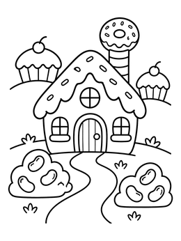 A sweet confectionery cottage in this candy house coloring page with donut chimney and cupcakes.
