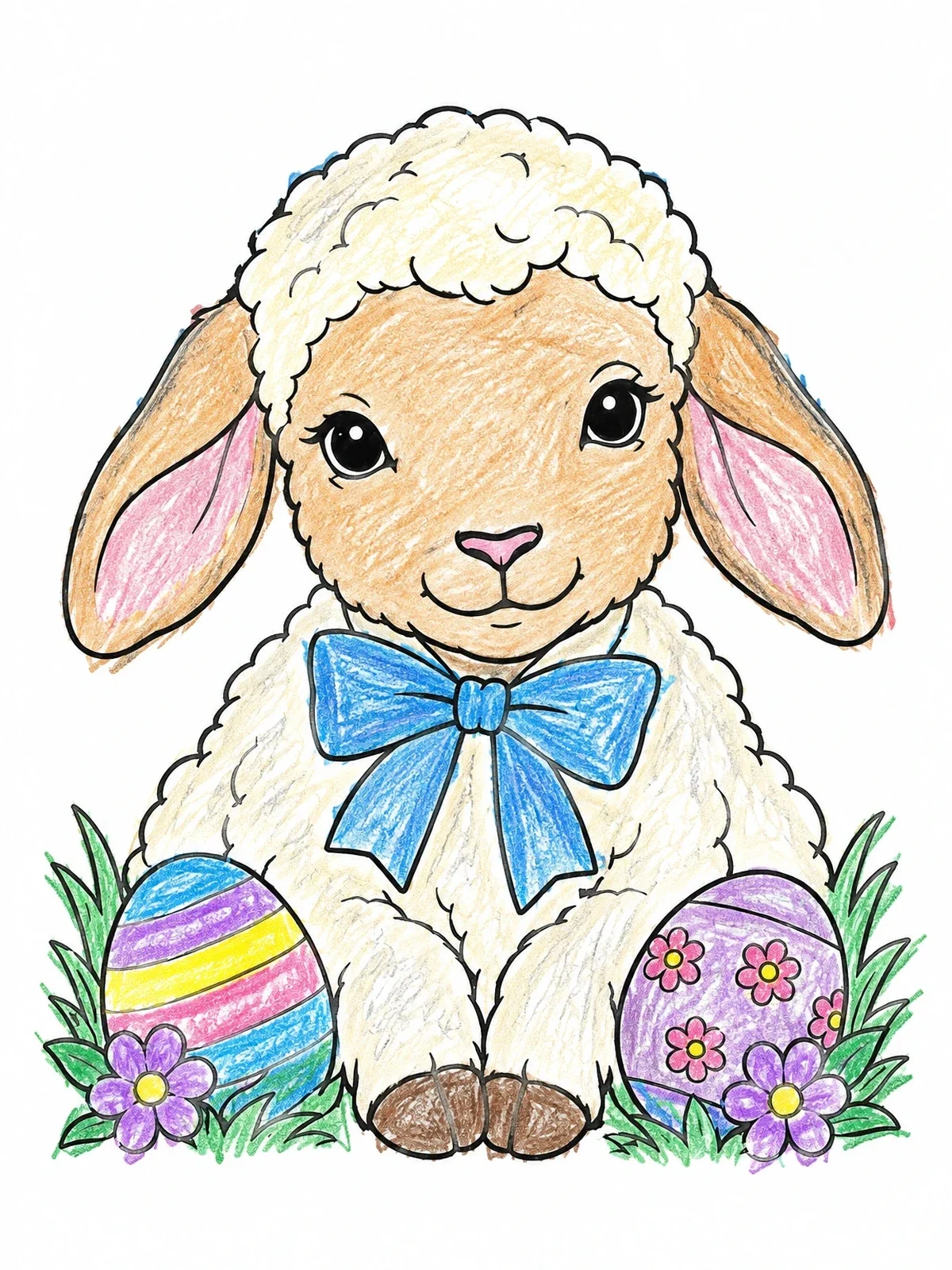 Colored example of the Sweet Easter Lamb With Bow coloring page