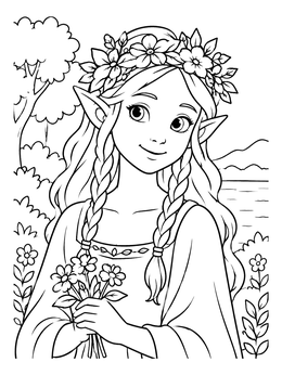 Free printable Sweet Elf Girl With Floral Crown coloring page
