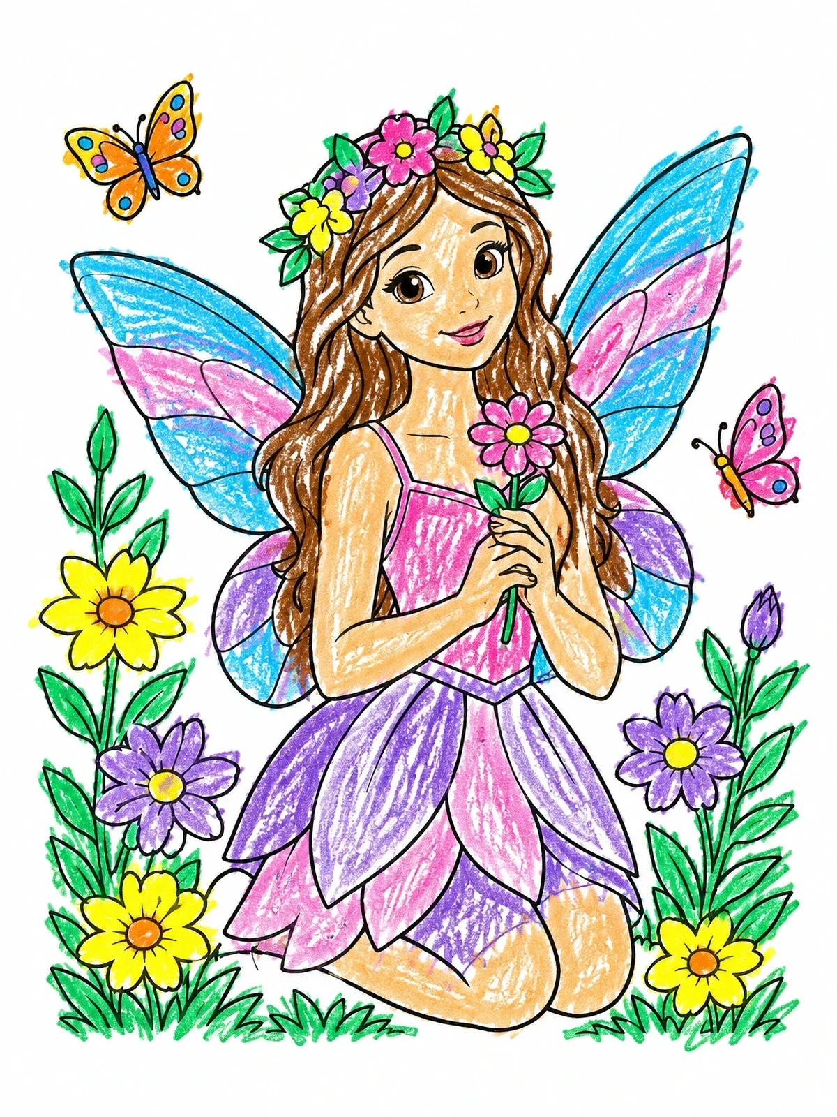 Colored example of the Sweet Fairy With Flower coloring page