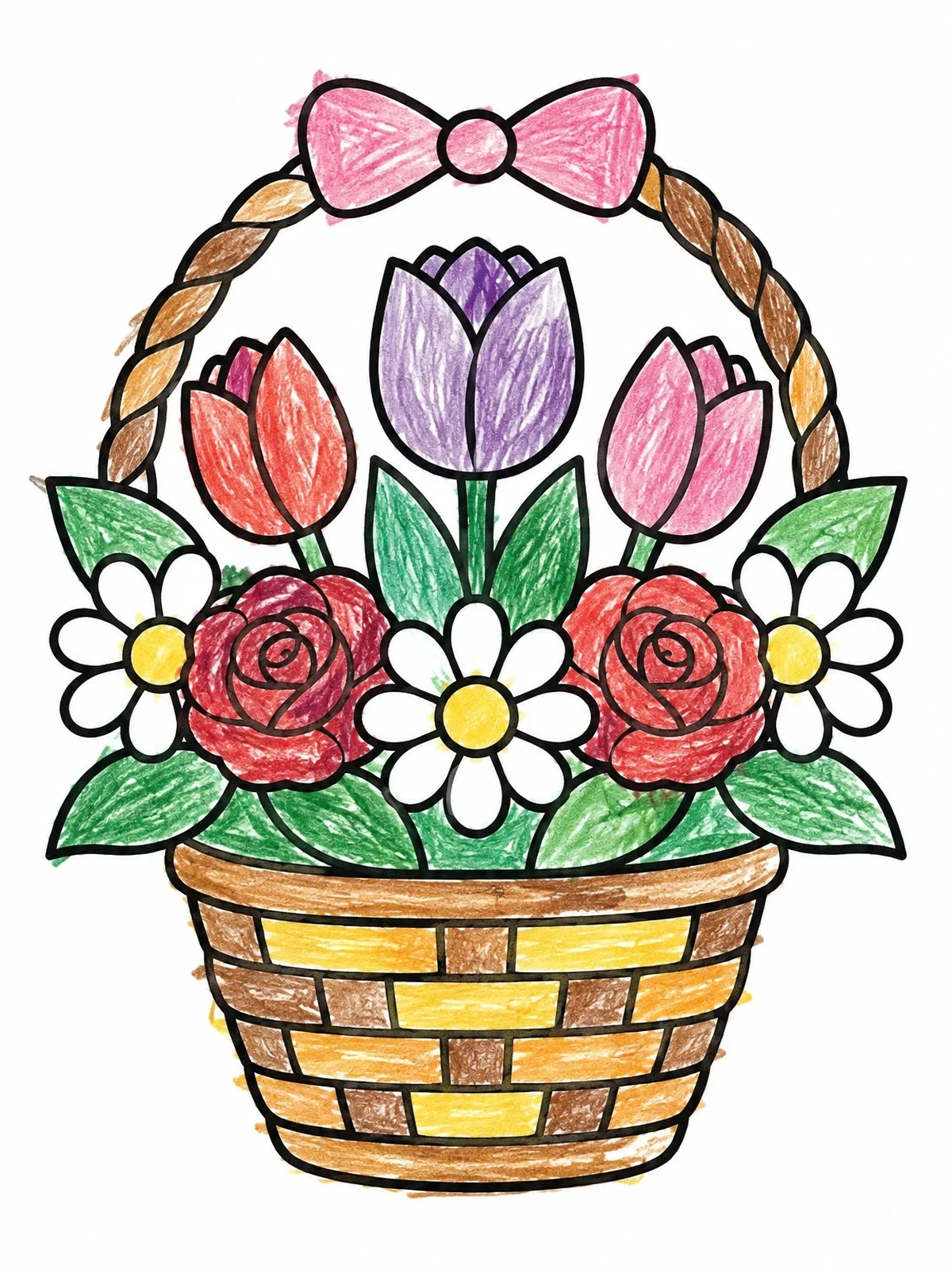 Colored example of the Sweet Flower Basket With Tulips coloring page