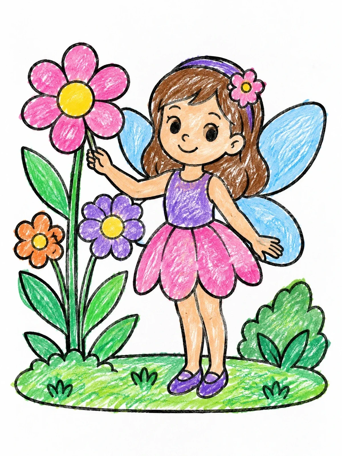 Colored example of the Sweet Flower Fairy In The Garden coloring page