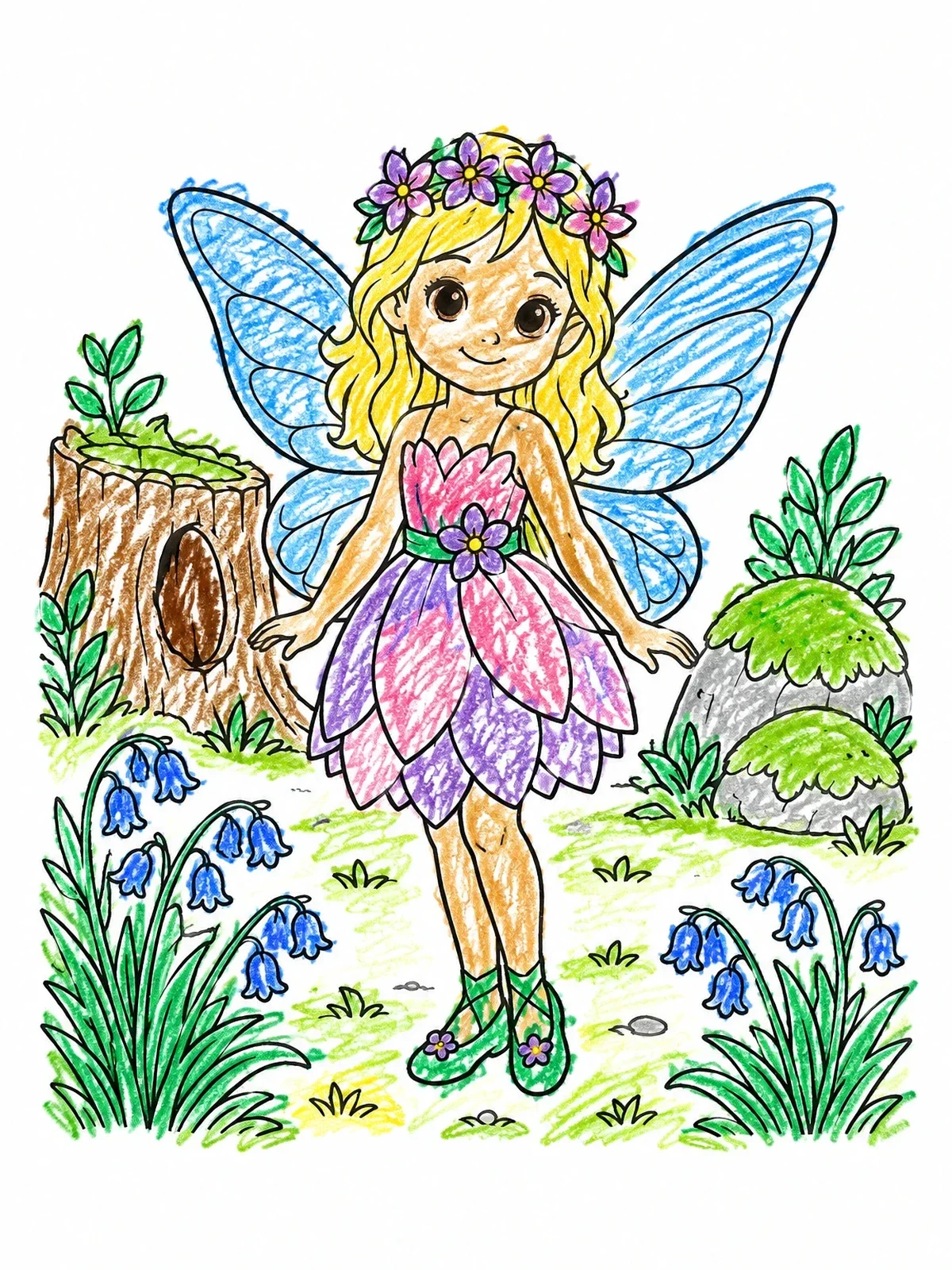 Colored example of the Sweet Flower Fairy In The Meadow coloring page