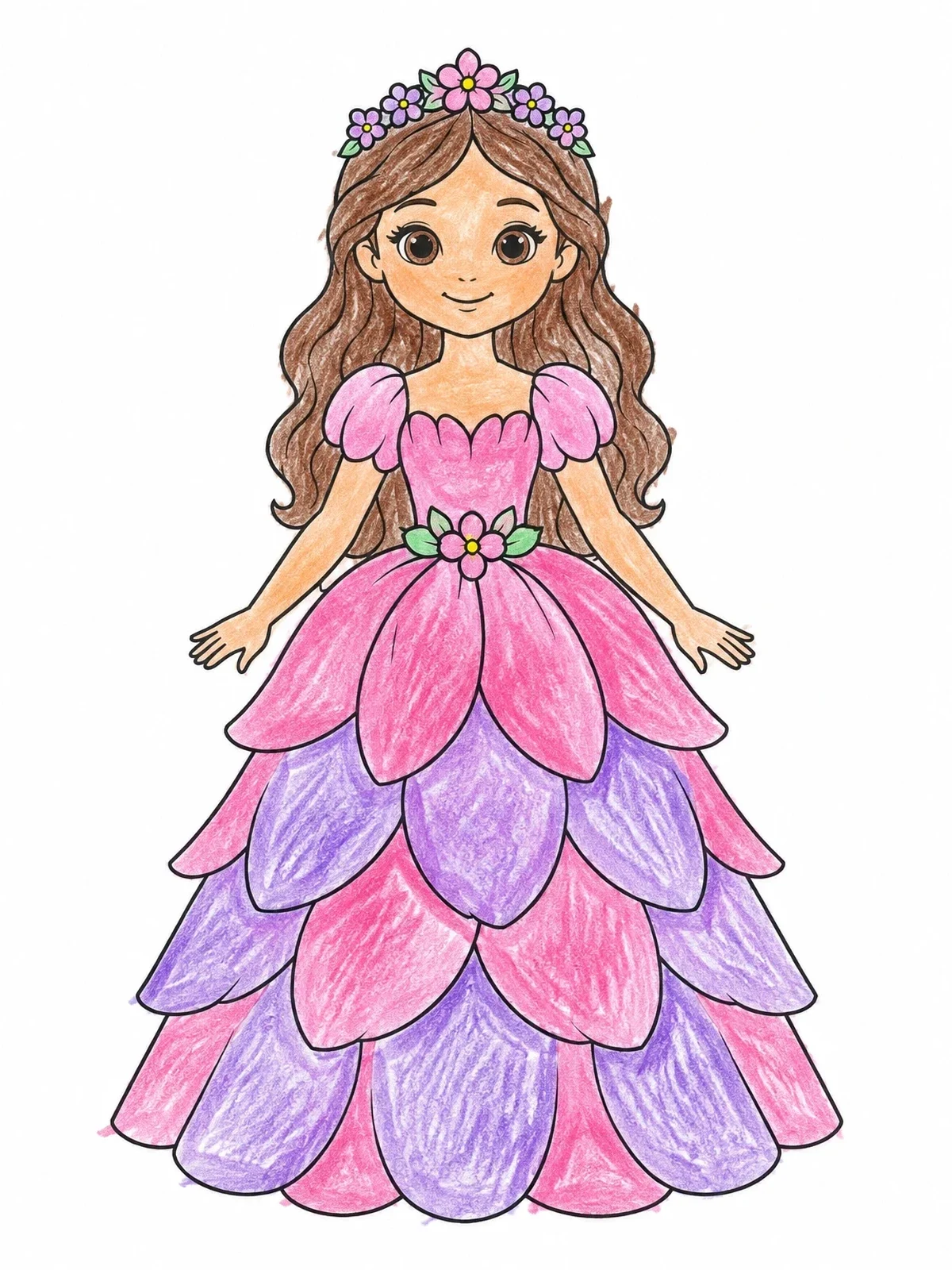 Colored example of the Sweet Flower Princess In Petal Gown coloring page