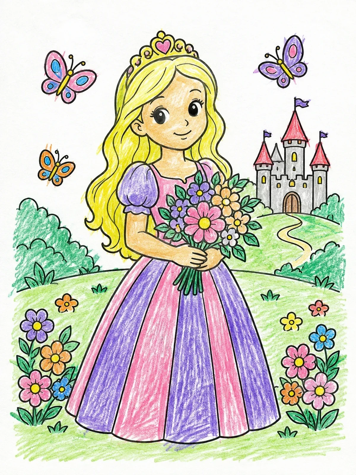 Colored example of the Sweet Flower Princess With Castle coloring page