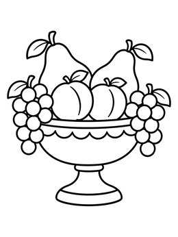 A simple fruit coloring page showing a pedestal bowl filled with pears, peaches, and grapes.