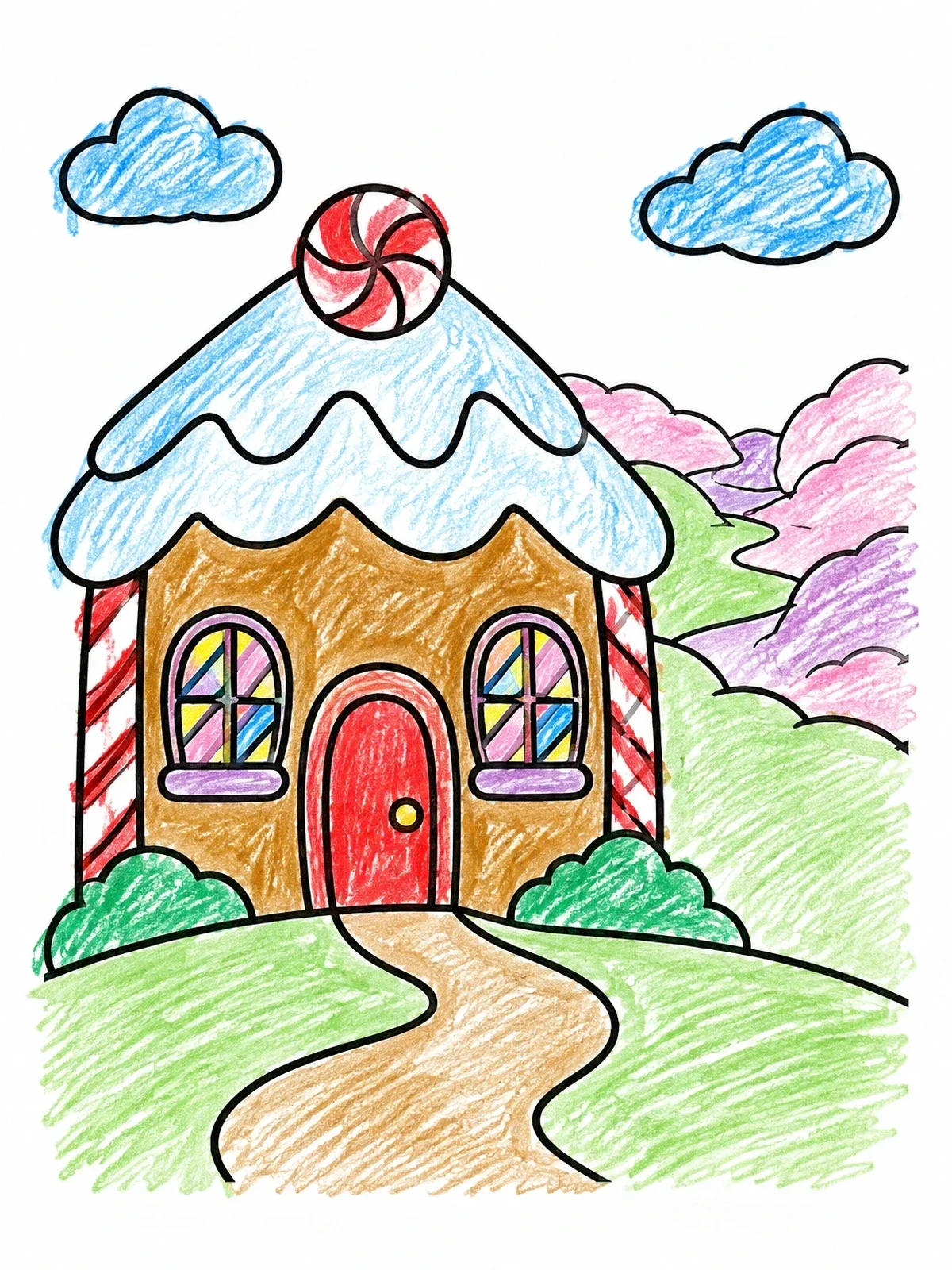 Colored example of the Sweet Gingerbread Candy Cottage coloring page