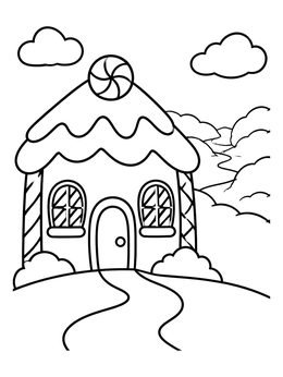 A cute candy house coloring page with frosting roof and lollipop topper.