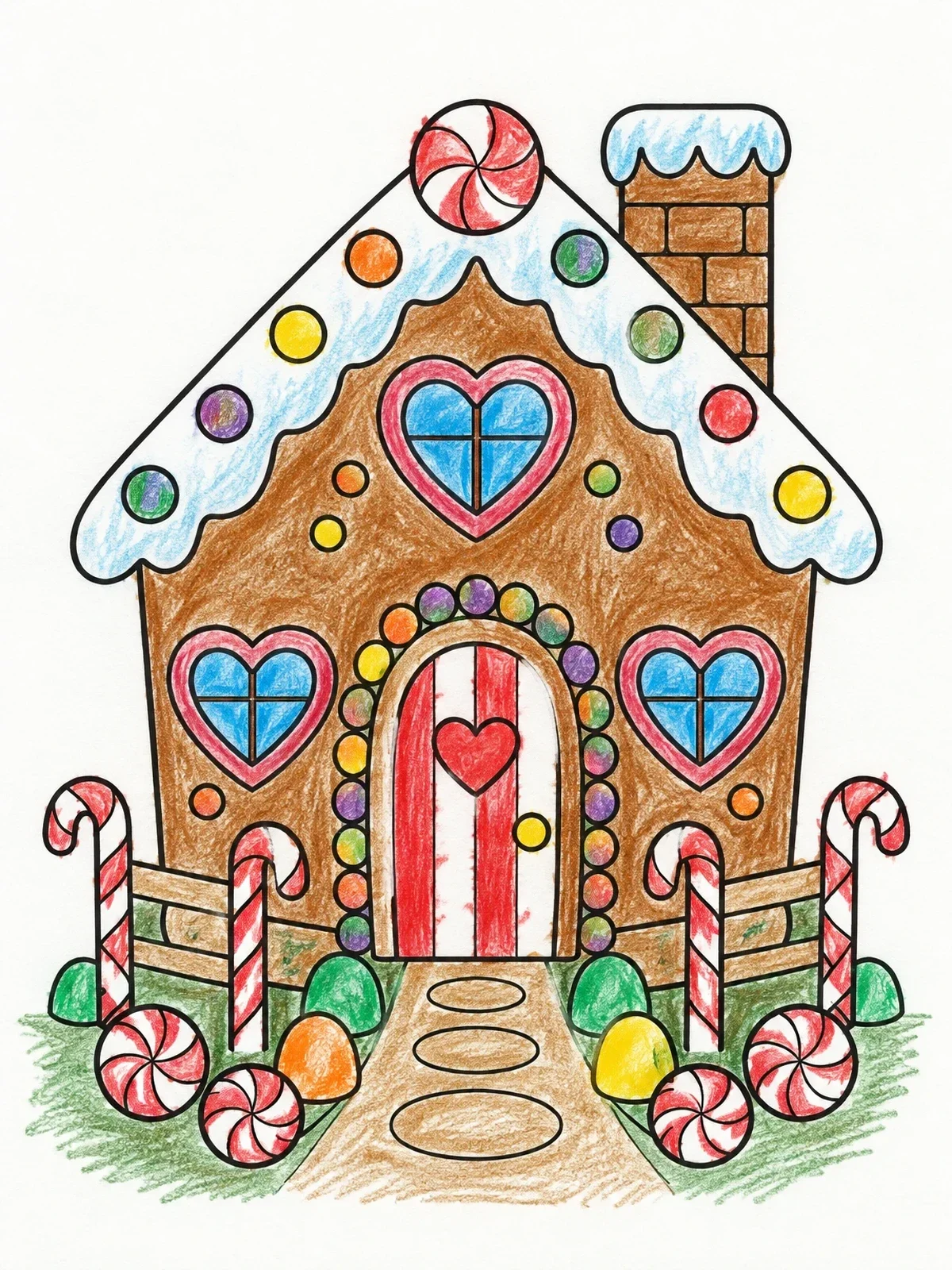 Colored example of the Sweet Gingerbread Candy Cottage coloring page