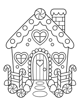 Decorated gingerbread house in this sweet candy house coloring page with candy canes and swirls.