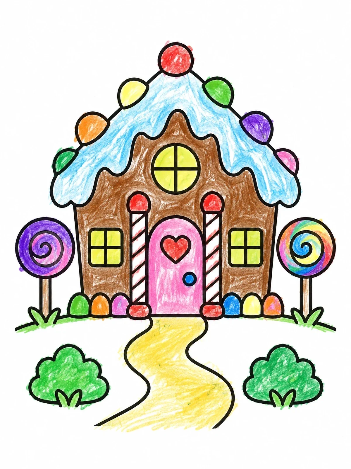 Colored example of the Sweet Gingerbread Candy Cottage coloring page