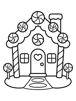 A sweet gingerbread house candy cane coloring page with peppermint candies and thick outlines.