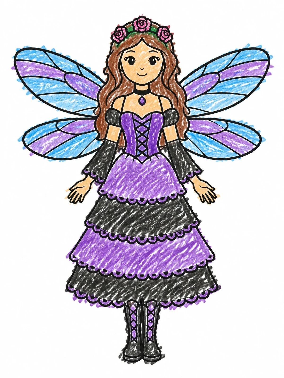 Colored example of the Sweet Gothic Fairy With Tiered Dress coloring page