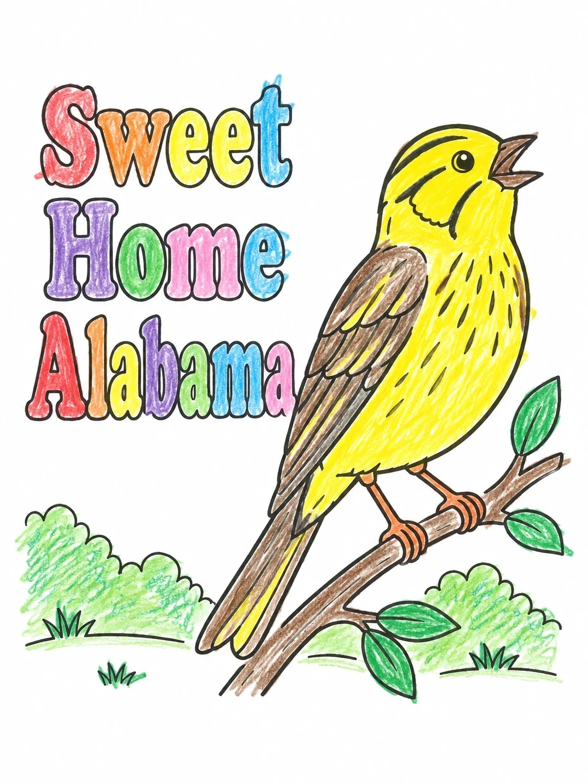 Colored example of the Sweet Home Alabama Yellowhammer Bird coloring page