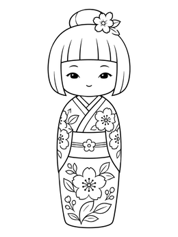 A cute wooden doll with cherry blossoms on this kokeshi dolls coloring page.