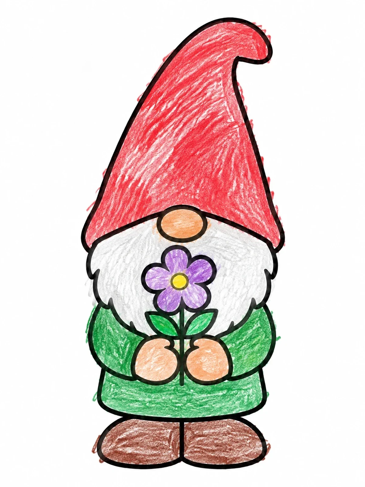 Colored example of the Sweet Little Gnome With Flower coloring page
