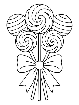 A sweet bouquet of swirl lollipops tied with a ribbon bow on this lollipop coloring page.