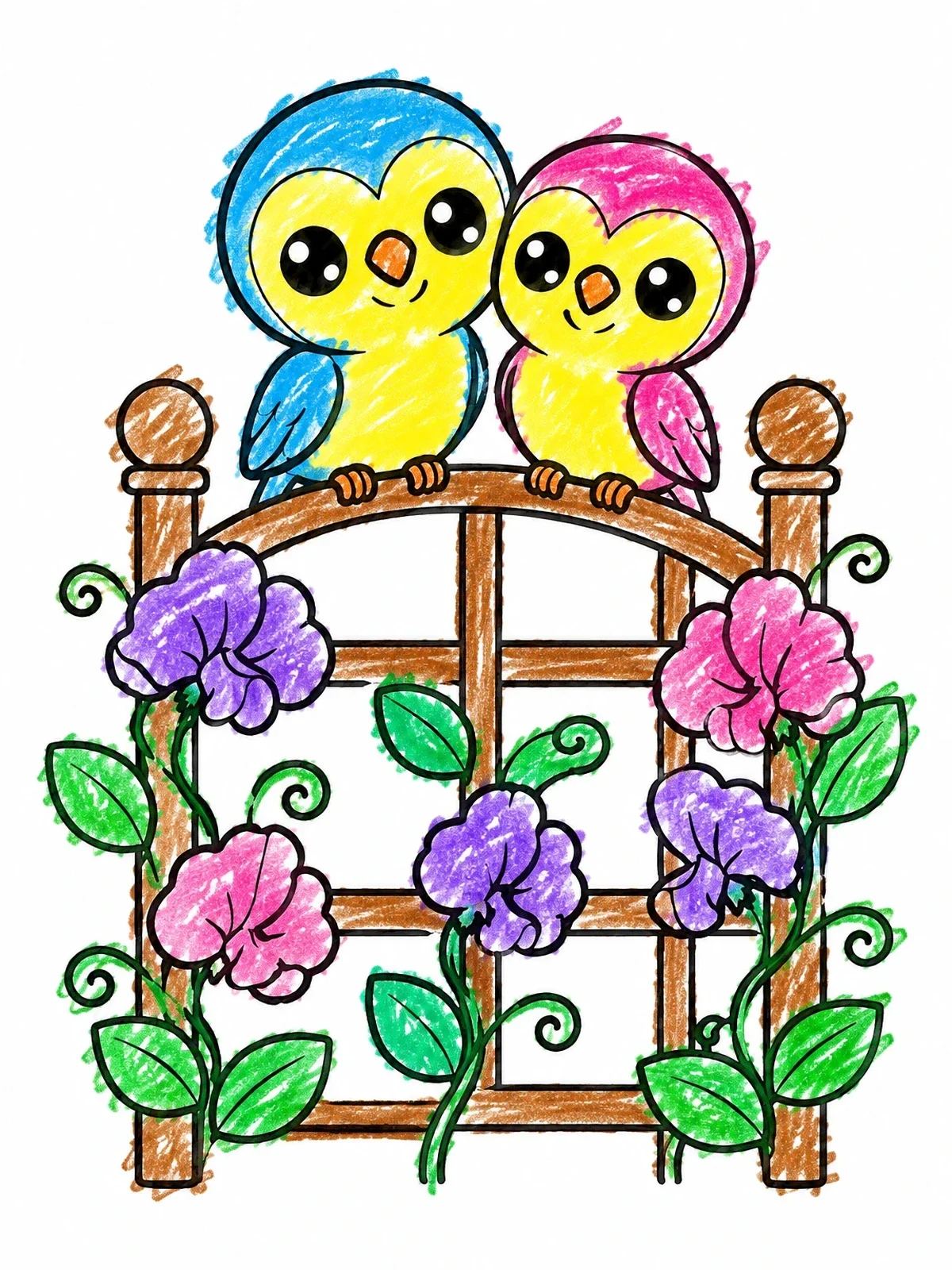 Colored example of the Sweet Lovebirds On Garden Trellis coloring page