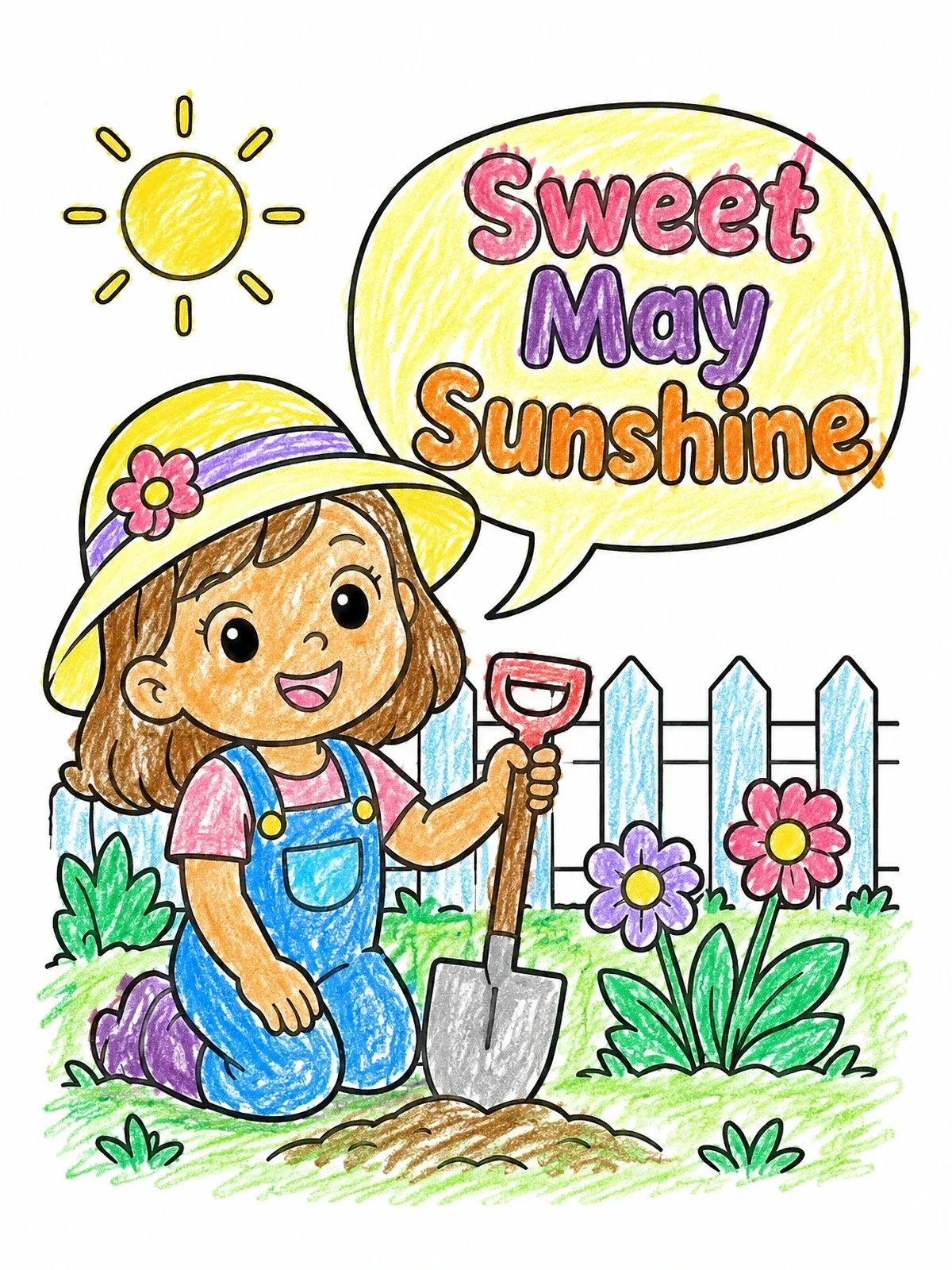 Colored example of the Sweet May Sunshine Gardening Girl coloring page
