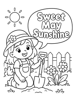 A cheerful girl planting flowers in this sweet may coloring page.