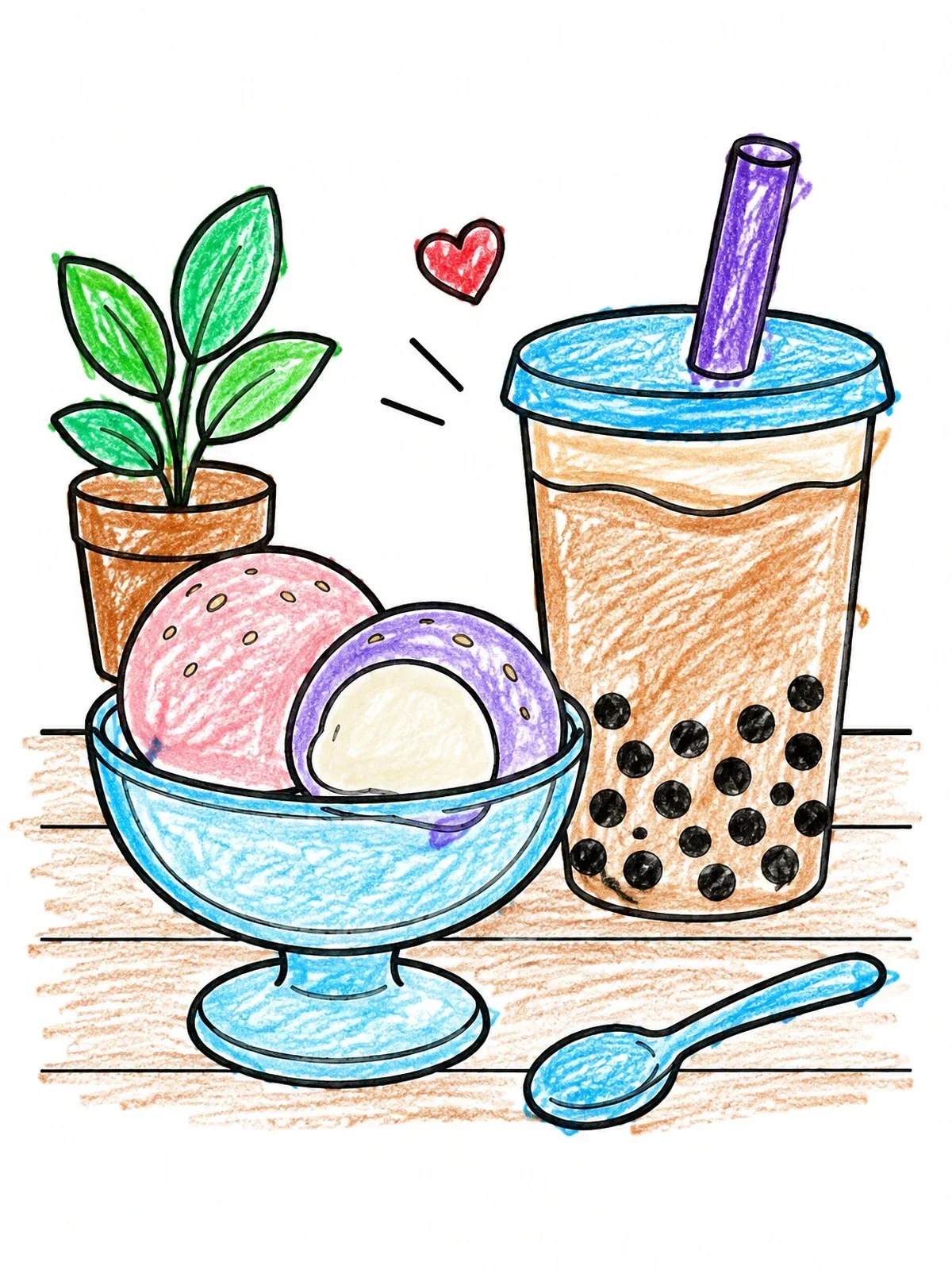 Colored example of the Sweet Mochi And Boba Milk Tea coloring page