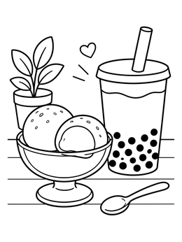 A mochi coloring page showing ice cream mochi in a bowl next to boba tea.