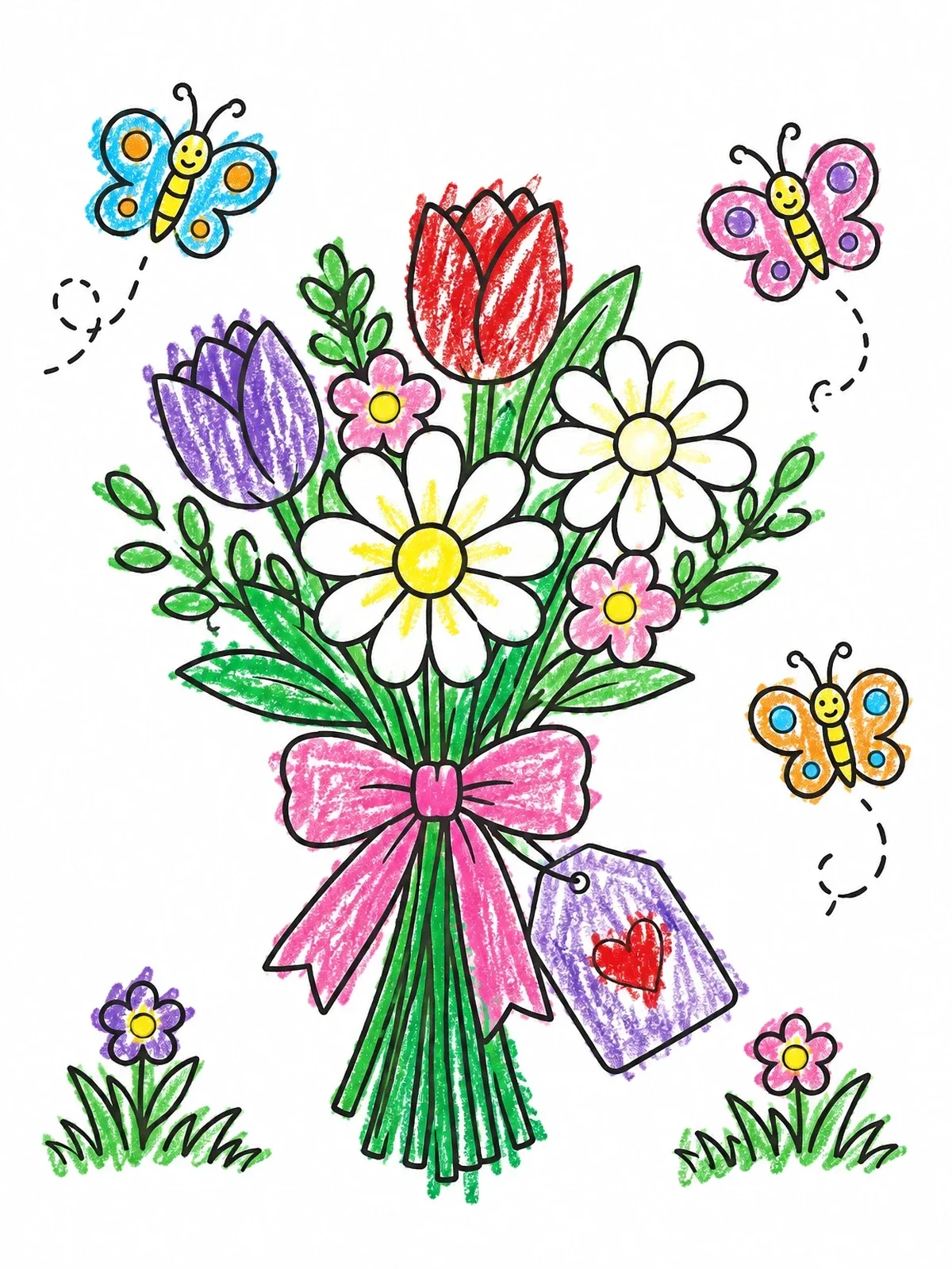 Colored example of the Sweet Mother's Day Flower Bouquet coloring page
