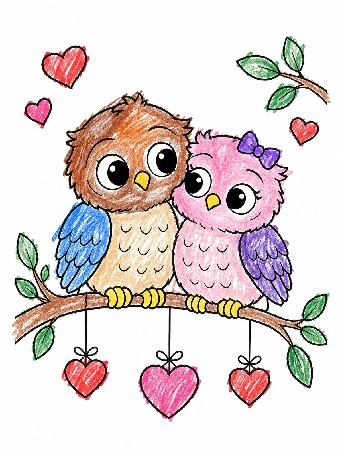 Colored example of the Sweet Owl Couple On Branch coloring page