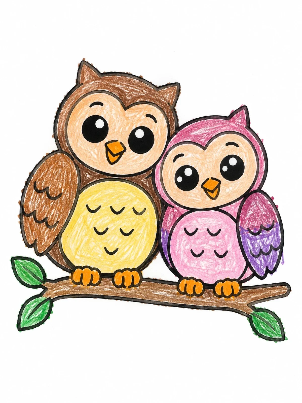 Colored example of the Sweet Owl Pair On Branch coloring page