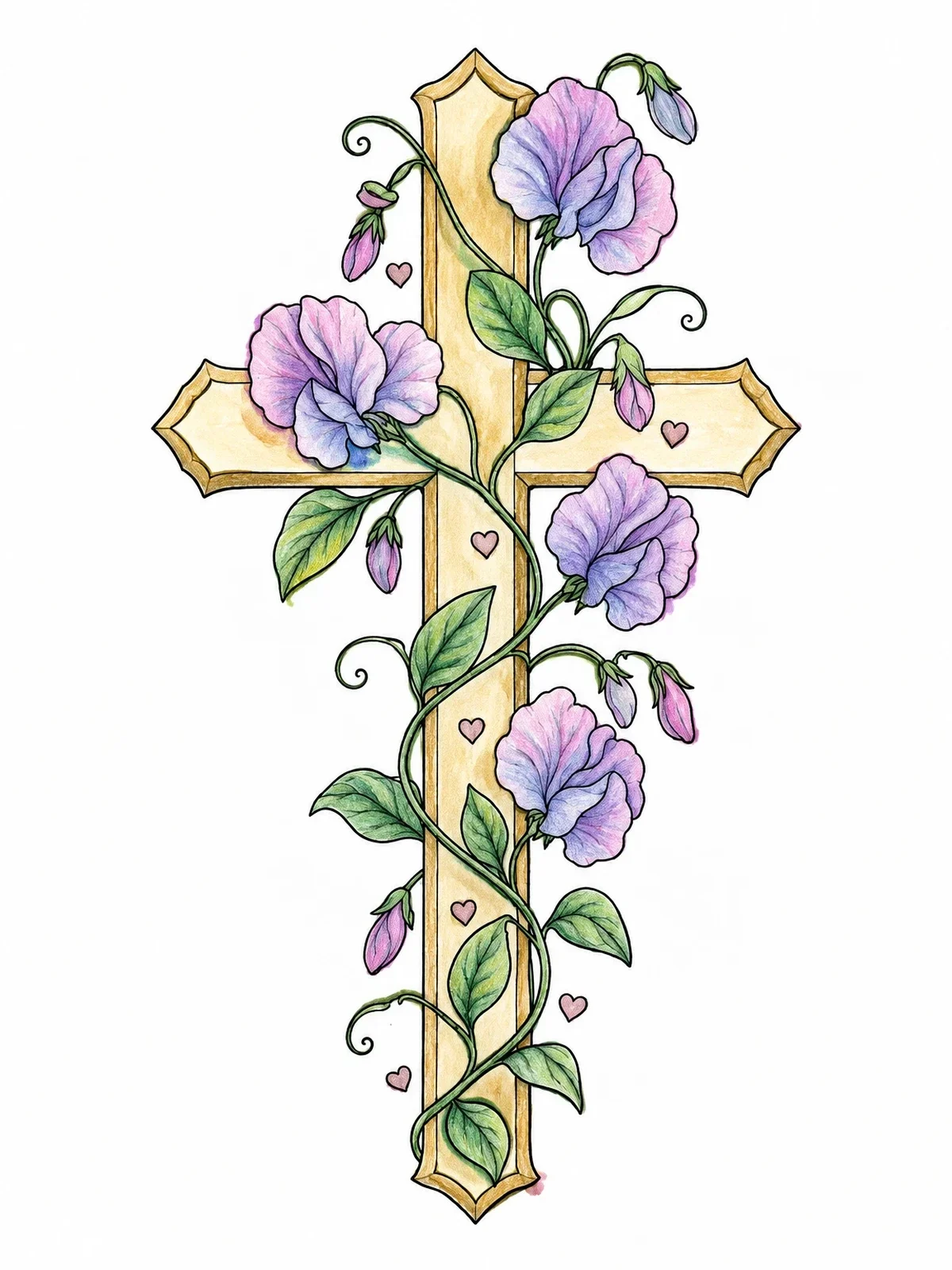 Colored example of the Sweet Pea Vine And Cross coloring page