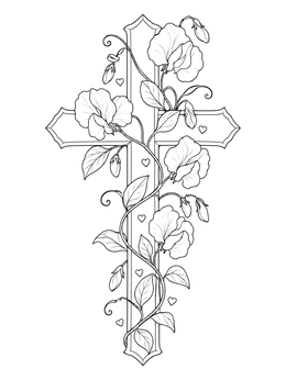 A detailed cross and heart coloring page featuring blooming sweet pea vines.