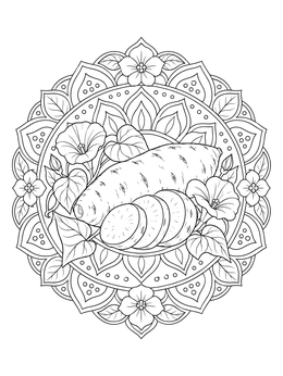 Intricate floral mandala framing a whole tuber on this sweet potatoes coloring page.