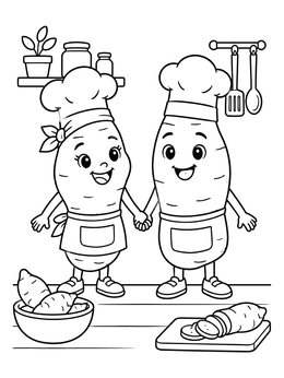 Free printable Sweet Potato Chefs In The Kitchen coloring page
