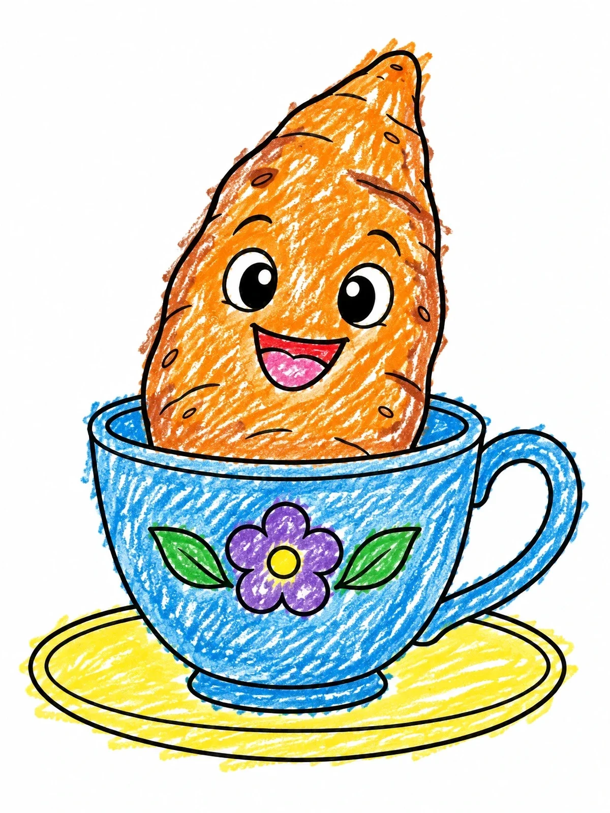 Colored example of the Happy Sweet Potato In A Teacup coloring page