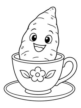 A smiling character on this sweet potatoes coloring page sits happily inside a floral teacup.