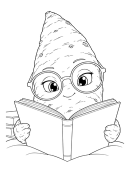 A cute sweet potatoes coloring page showing a smiling sweet potato wearing glasses and reading a book.