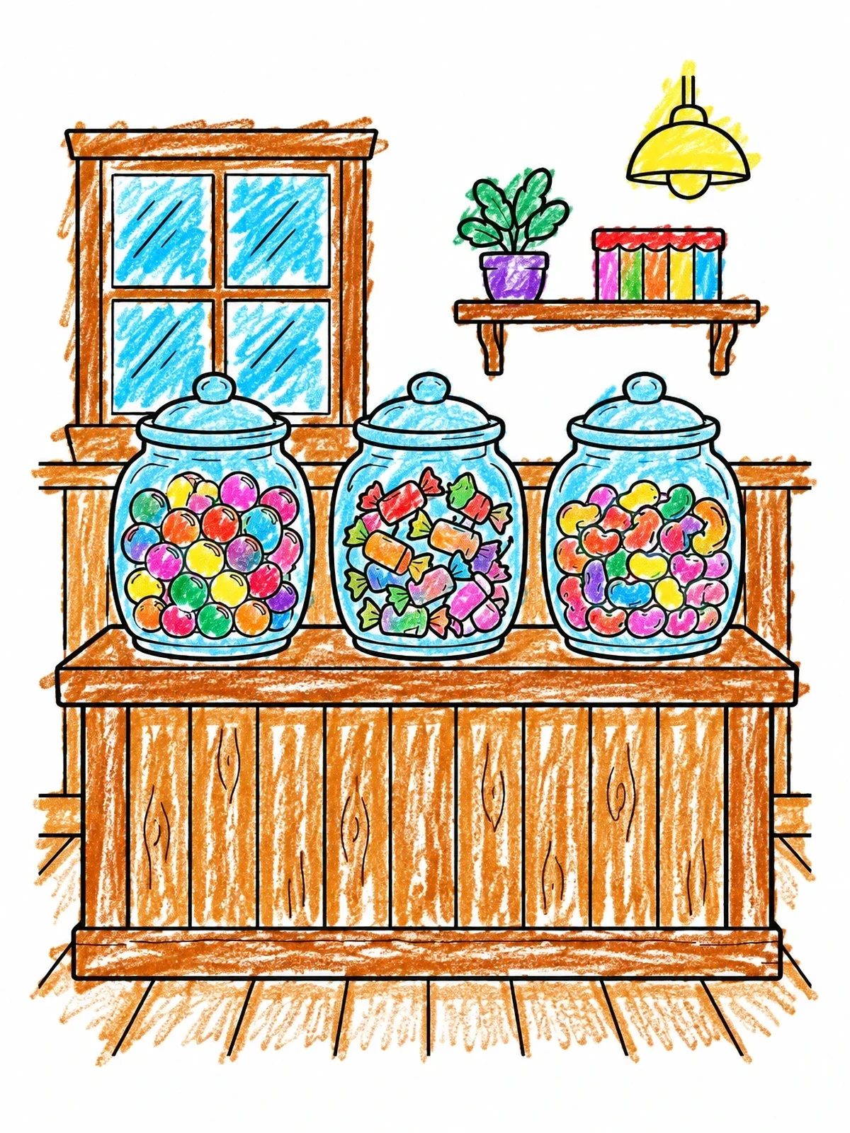 Colored example of the Sweet Shop Candy Jars coloring page