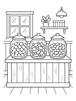 Three glass jars full of sweets sit on a counter in this candy coloring page.