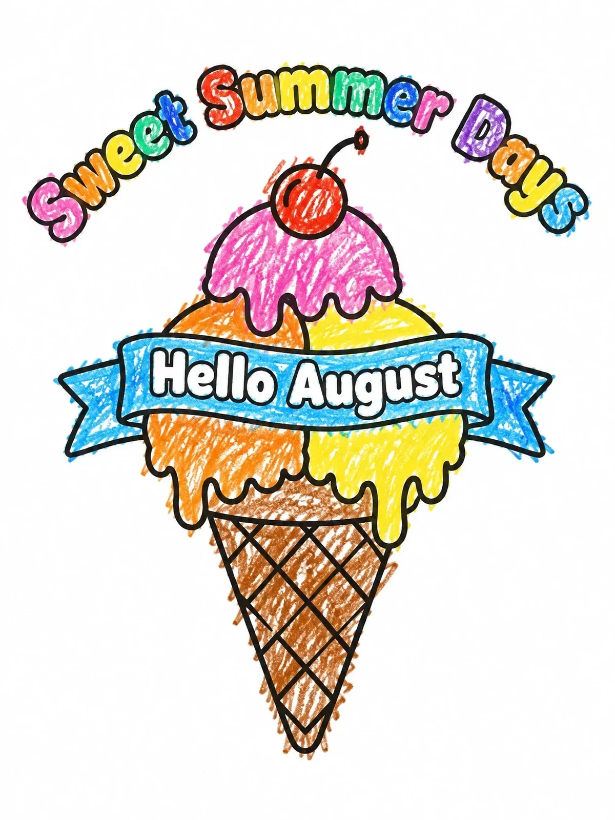 Colored example of the Sweet Summer Days Hello August Ice Cream coloring page