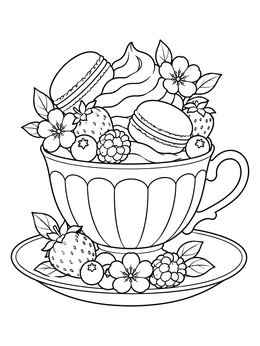 Free printable Sweet Teacup With Macarons And Berries coloring page