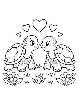 Two cute little reptiles meet in this turtle valentine coloring page surrounded by hearts.