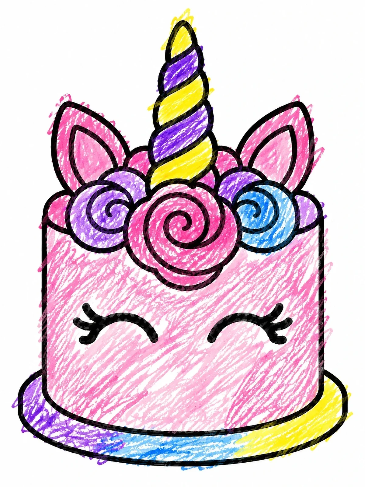 Colored example of the Sweet Unicorn Birthday Cake coloring page