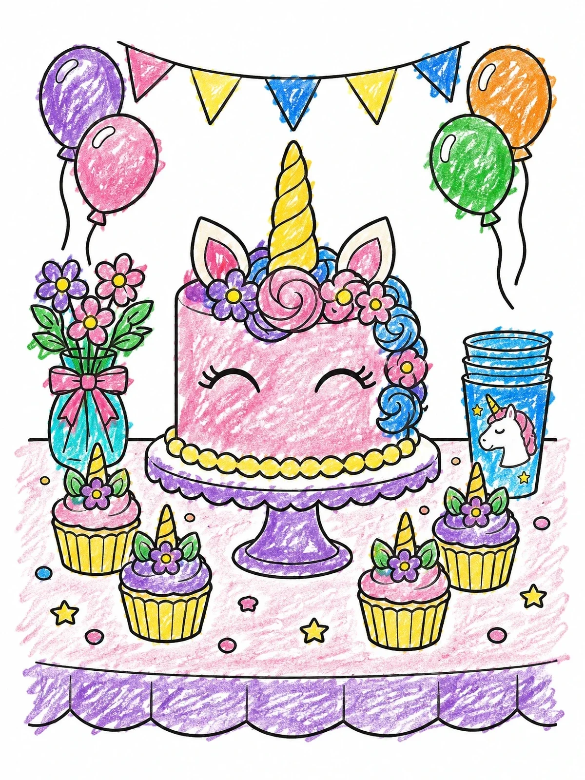 Colored example of the Sweet Unicorn Birthday Cake Table coloring page