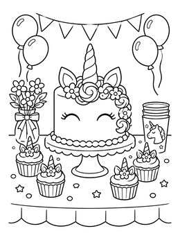 Free printable Sweet Unicorn Birthday Cake Table coloring page